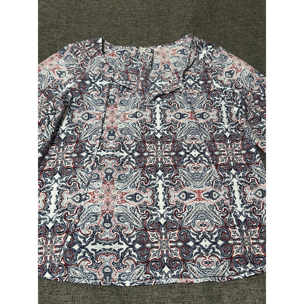 Unbranded Women's L Blouse Blue Red Paisley Long Sleeve V-Neck Tie Front - Picture 4 of 6